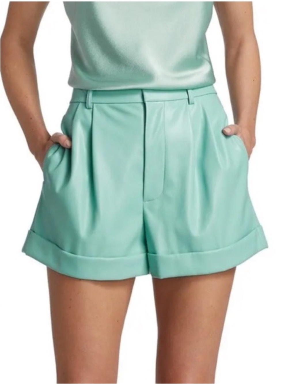 Alice + Olivia Mint Green Pleated Leather High-Rise Shorts